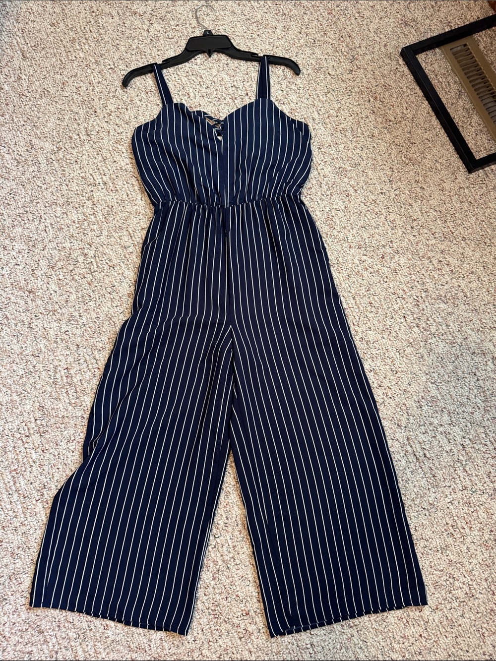 Sienna Sky Navy and White Pinstripe Wide-Leg Jumpsuit